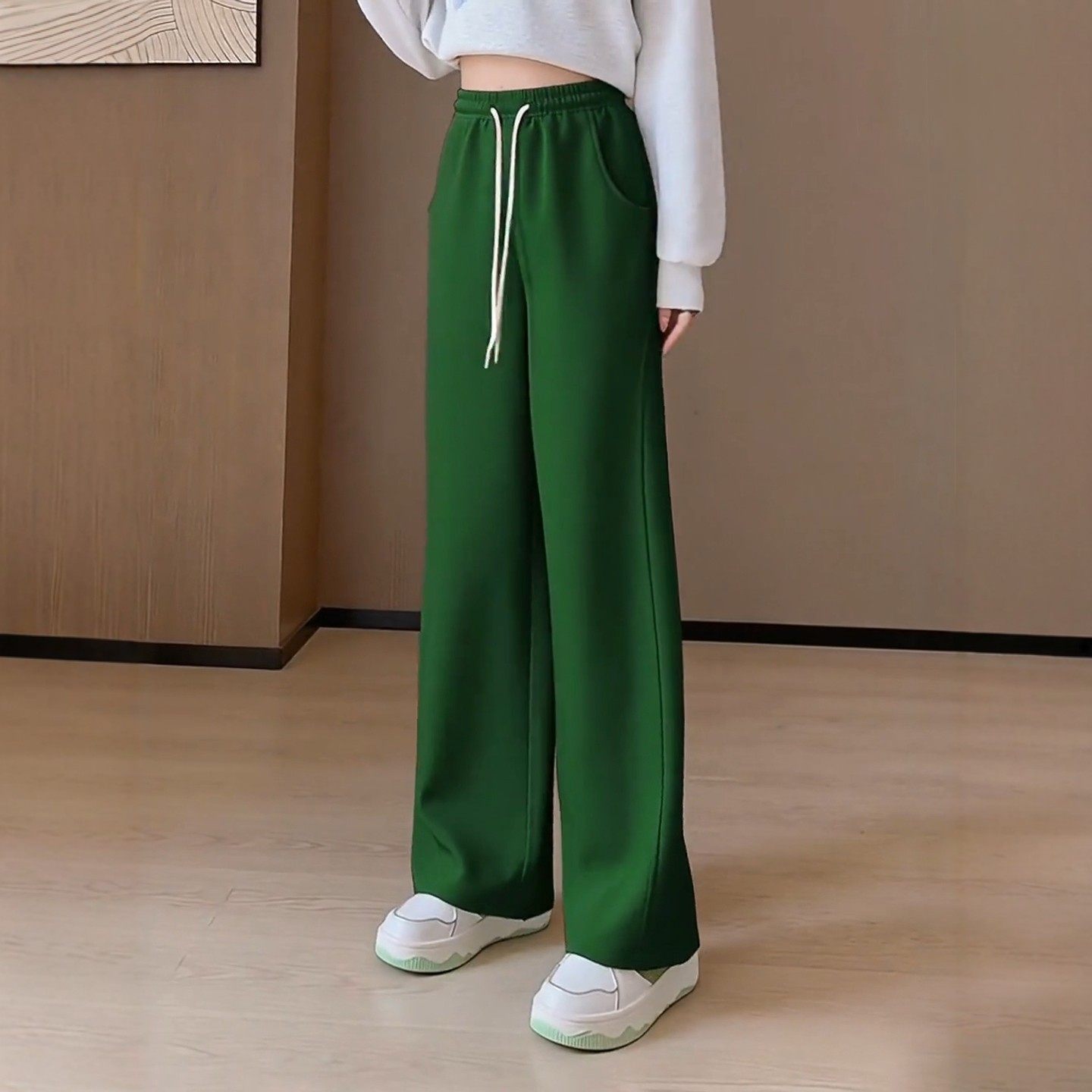 PLER深绿色阔腿香蕉裤女款休闲裤秋冬加绒高腰遮胯显瘦弯刀卫裤,淘宝优惠券,粉丝福利购,淘宝优惠卷