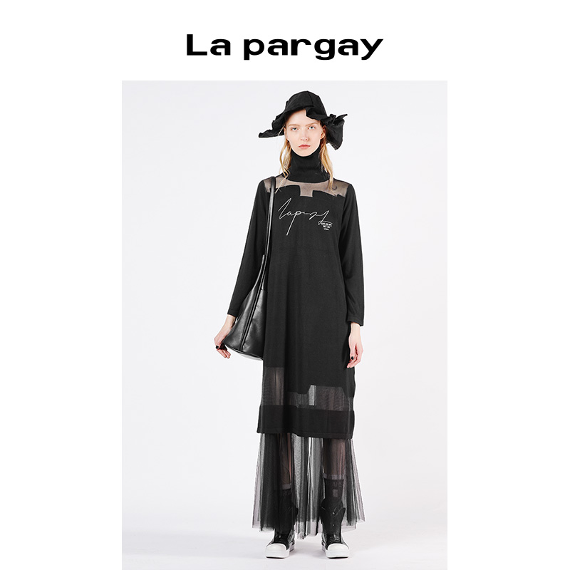 Lapargay纳帕佳2024新款女装黑色裙子个性时尚长袖高领拼接连衣裙