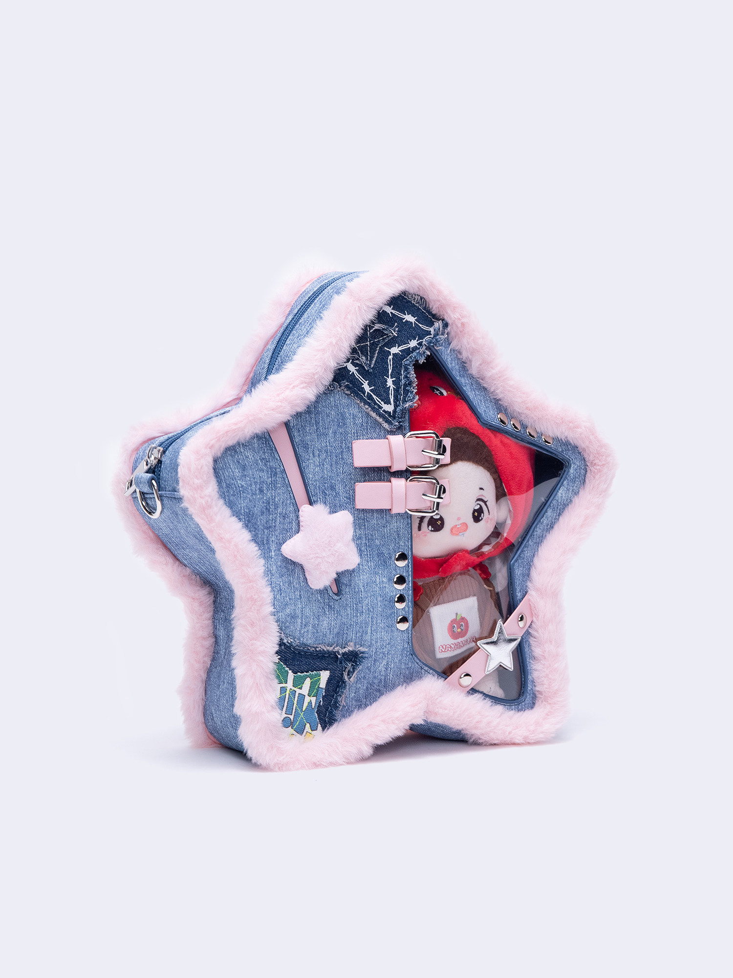 HIATUS原创设计牛仔蓝粉撞色五角星痛包毛边皮扣铆钉双肩斜挎小包,淘宝优惠券,粉丝福利购,淘宝优惠卷