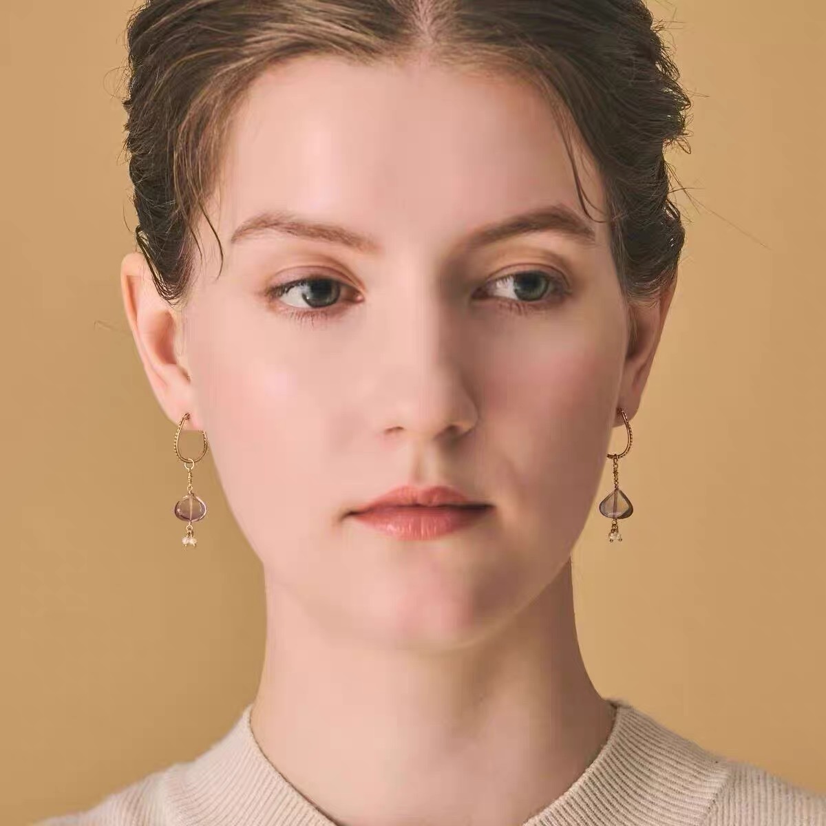 日系agete风格 天然爱心紫水晶淡水珍珠925纯银耳环耳坠生日礼物 - 图3