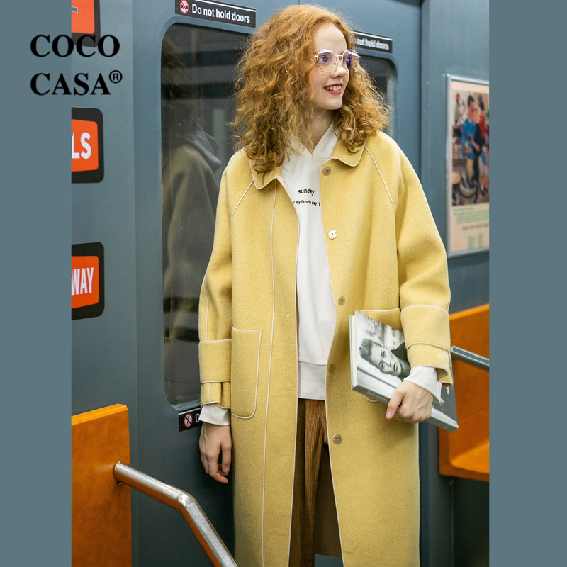 粉色羊毛双面中长款零2020呢大衣 cococasa毛呢外套