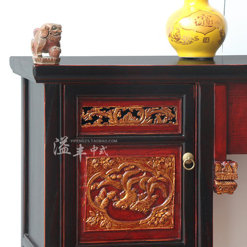 明清仿古实木雕花金箔玄关台中式复古典平头老条案台做旧储物供桌 - 图2