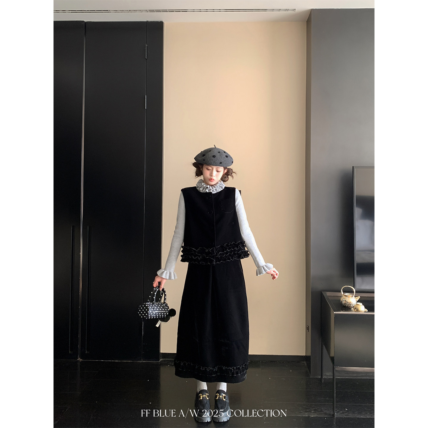 FF BLUE 中古情绪 2色丝绒套装高腰a字半裙高品质马甲叠穿上衣女,淘宝优惠券,粉丝福利购,淘宝优惠卷