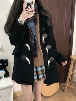 jk hooded horn button woolen coat ກາງ-ຍາວ ຄູ່ຜົວເມຍຍີ່ປຸ່ນ woolen college style coat