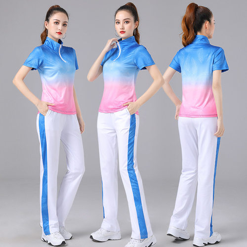 春英广场舞运动服套装女曳步舞蹈演出服渐变色半拉链上衣白色裤子 - 图1