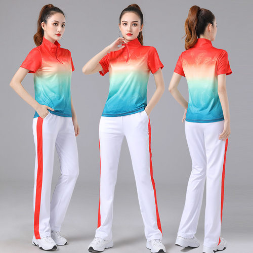 春英广场舞运动服套装女曳步舞蹈演出服渐变色半拉链上衣白色裤子 - 图0