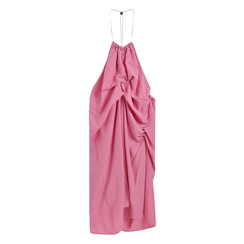 夏季露背性感挂脖吊带连衣裙女粉红色褶皱显瘦新款度假中长款裙子-图3