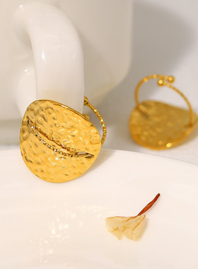 欧美INS网红敲打纹钛钢戒指电镀金不掉色食指戒手饰