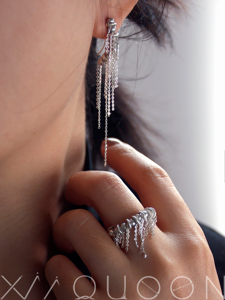 「银翼」原创设计淡水灰珍珠流苏耳环不规则戒指925纯银小众耳夹,淘宝优惠券,粉丝福利购,淘宝优惠卷