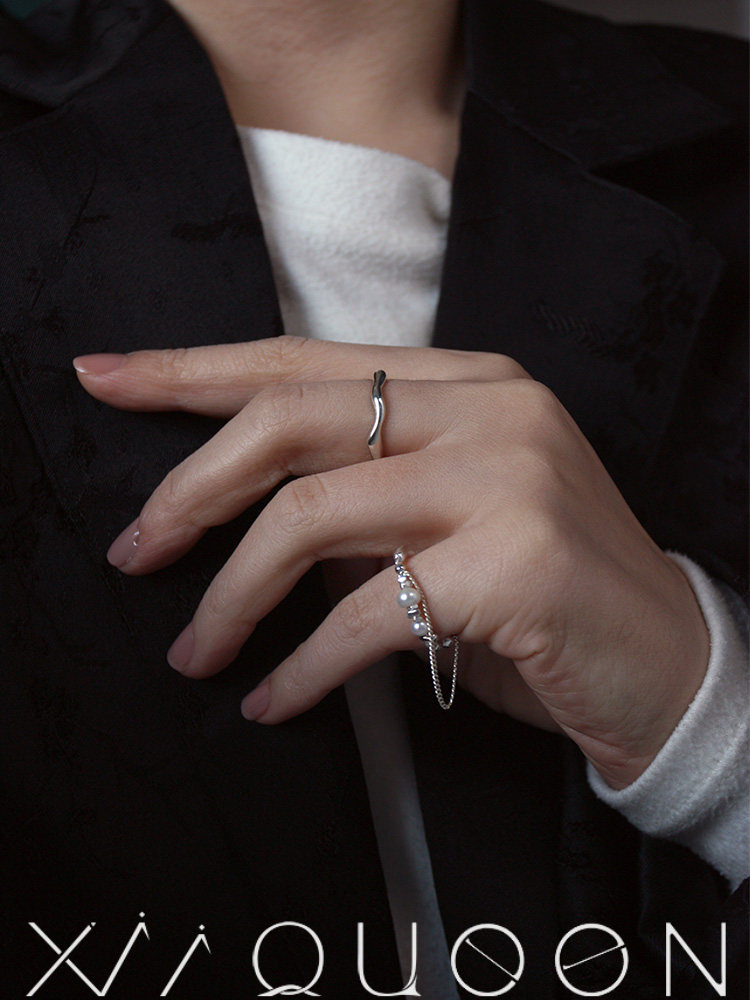 Xii定制款碎银甜酷风天然淡水珍珠纯银链条戒指开口可调节指环男 - 图3