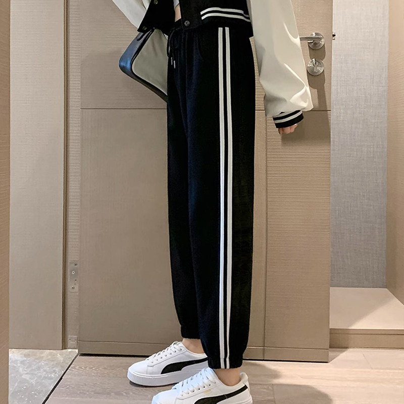 灰色美式运动裤男女士新款春秋季二三杠条纹休闲宽松阔腿束脚卫裤,淘宝优惠券,粉丝福利购,淘宝优惠卷