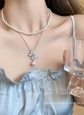 渐变蓝蝴蝶流苏项链配饰女夏季2025新款锁骨链轻奢小众高级感颈链