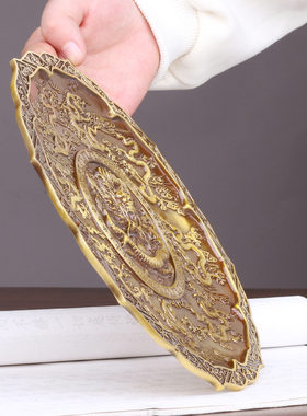 铜仿古浮雕九龙盘中式家居摆件