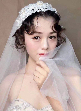 复古民国风蕾丝珍珠发箍头纱头饰帽式领证求婚新中式旗袍礼服配饰