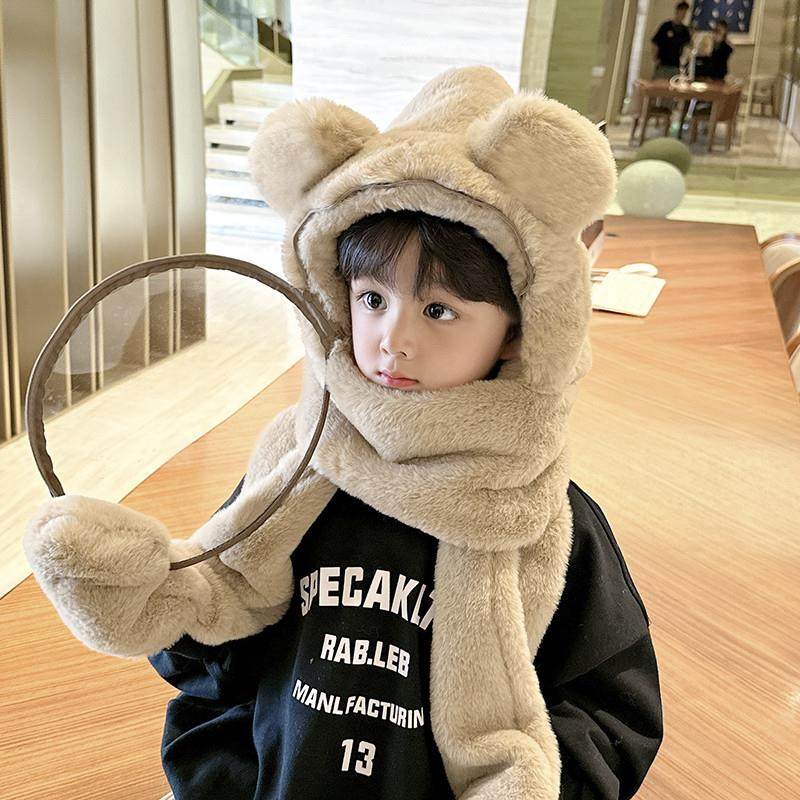 宝宝帽子冬骑行保暖毛绒帽男女童防护面罩儿童围巾手套一体帽防风,淘宝优惠券,粉丝福利购,淘宝优惠卷