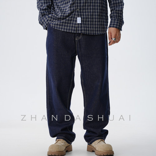 占大帅 春秋季美式复古重磅原色牛仔裤男直筒宽松百搭阔腿长裤子 - 图0