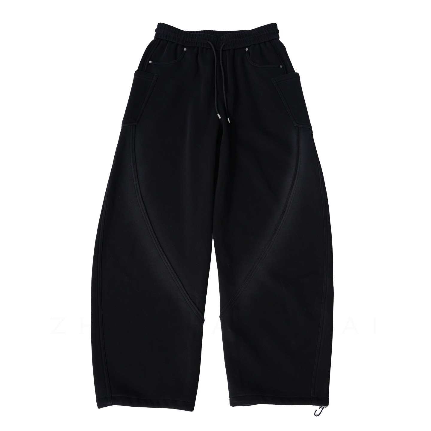 占大帅 冬季美式重磅拼接加绒卫裤男直筒宽松抽绳阔腿弯刀裤子潮 - 图3