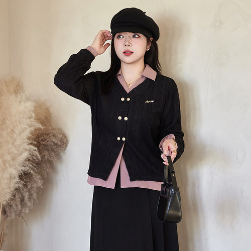 显瘦大码胖MM套头长袖上衣女装冬季新款polo领拼接假两件套针织衫 - 图2