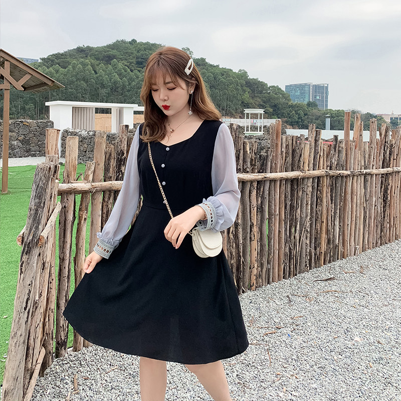 2020秋装新款方领长袖显瘦风连衣裙 绮娑女装大码女装