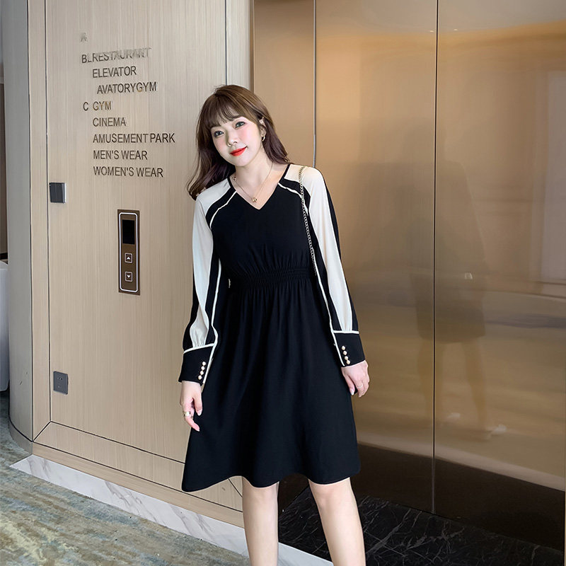 2020秋装新款遮肚显瘦v领连衣裙 绮娑女装大码女装