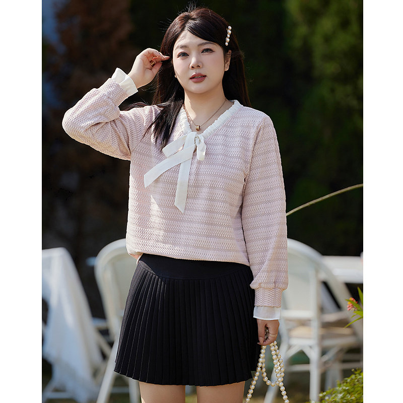 2025年秋装新款套头大码上衣女百搭显瘦胖MM蝴蝶结减龄长袖针织衫,淘宝优惠券,粉丝福利购,淘宝优惠卷