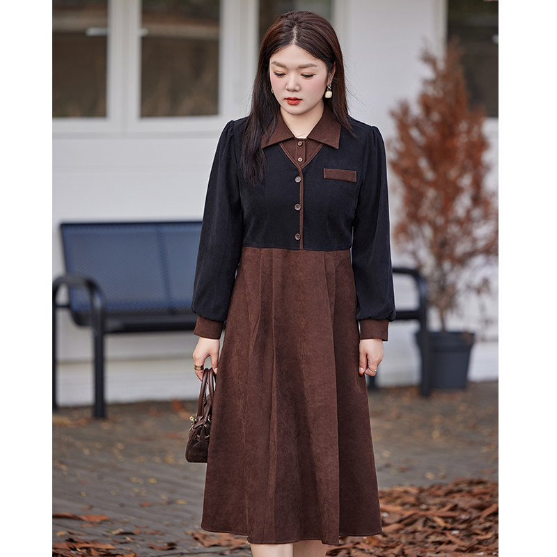 大码女装2025秋冬新款气质收腰显瘦胖妹妹长裙假两件套磨毛连衣裙,淘宝优惠券,粉丝福利购,淘宝优惠卷