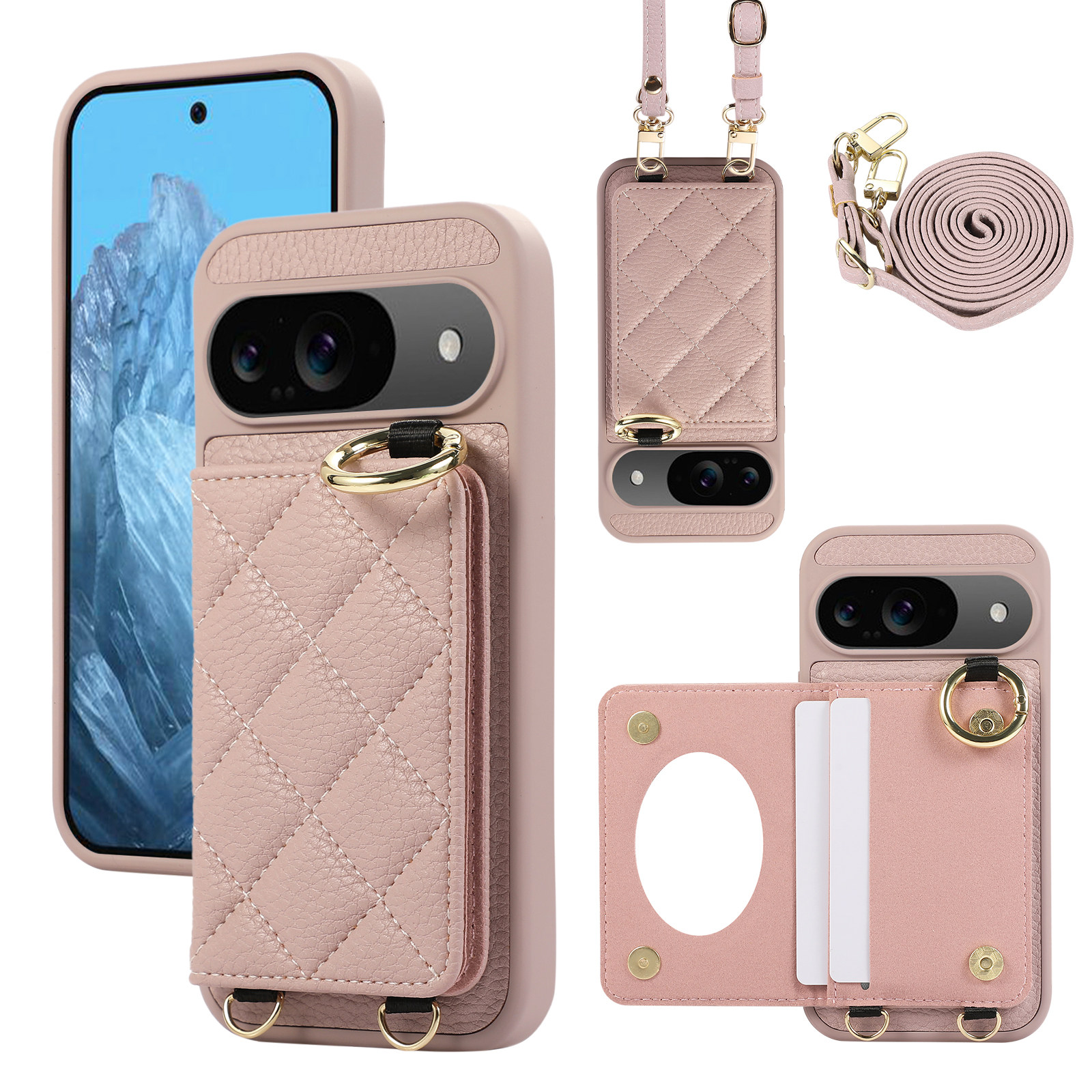 时尚菱格补妆镜子卡包适用谷歌Pixel8手机壳Pixel8 Pro斜挎挂绳Pixel9可插卡Pixel 9硅胶防摔保护套Pixel8A