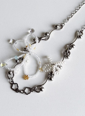 日韩系ins风串珠花朵蝴蝶结螺旋拼接项链小众复古y2k甜酷锁骨链