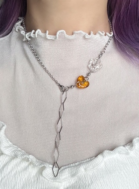 日韩系ins风琉璃花朵爱心透咖色拼接项链小众设计复古y2k甜酷简约