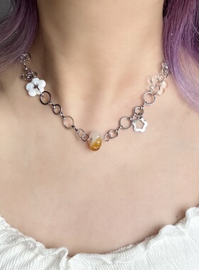 日韩系ins风琉璃花朵纽扣圈圈拼接ot扣项链小众y2k甜酷复古叠戴