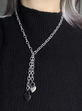 日韩系ins金属风黑银色爱心锁头拼接项链小众设计y2k甜酷复古叠戴