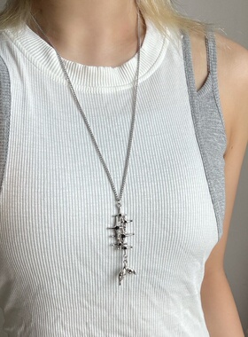 赛博朋克十字星鱼骨鱼尾长款项链小众甜酷y2k亚比风辣妹ins风y3k