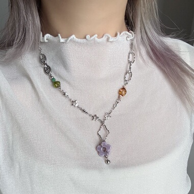 日韩系ins风复古花朵星星串珠拼接项链小众设计感y2k甜酷叠戴简约