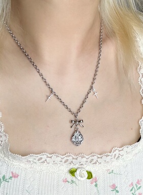 韩系ins巴洛克风爱心蝴蝶结椭圆牌星星项链小众复古y2k甜酷锁骨链