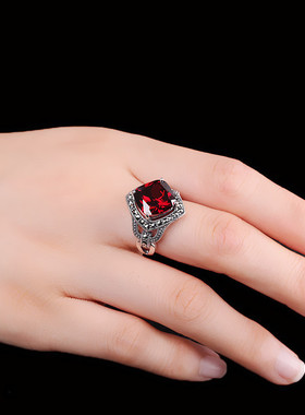 通体纯银戒指开口设计复古民族风大宝石石榴石指环