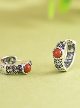 柏羽民族风纯银戒指女小众设计感复古做旧红玛瑙耳环耳扣耳饰