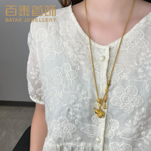 百泰繁花葫芦黄金吊坠女足金999挂坠古法挂绳福禄吉祥七彩珐琅坠 - 图2