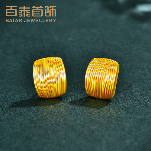 百泰方块黄金耳钉个性足金耳饰5D金耳坠女款时尚纹理竖条通勤耳丁 - 图0