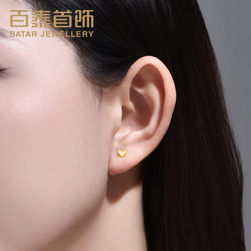 百泰爱心黄金耳钉足金999耳饰养耳棒心形金耳坠珐琅生日礼物耳棍 - 图1