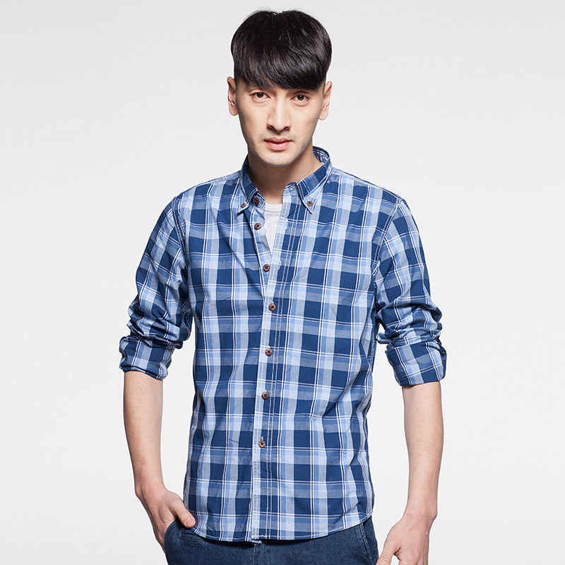 朗蒙秋季休闲纯棉碳素磨毛格子衬衫 千好服饰衬衫