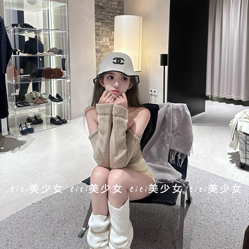 【TiTi美少女】纯欲性感镂空针织衫一字抹胸露肩袖套修身打底上衣,淘宝优惠券,粉丝福利购,淘宝优惠卷