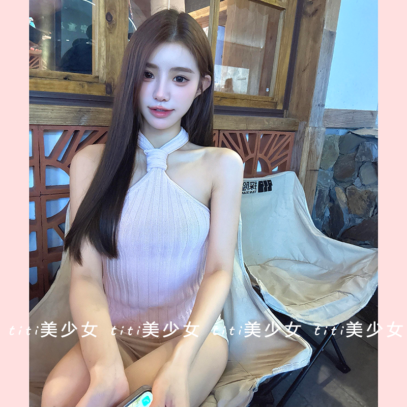 【TiTi美少女】纯欲风粉色针织挂脖吊带背心女春季扭结不规则上衣,淘宝优惠券,粉丝福利购,淘宝优惠卷
