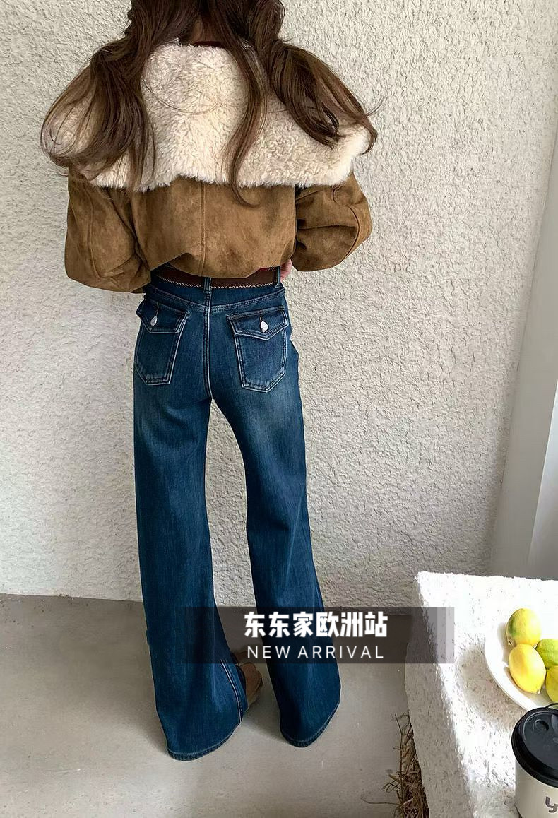欧洲站2025年冬提臀设计加绒一体绒老钱风卡其色不贴腿微喇牛仔裤,淘宝优惠券,粉丝福利购,淘宝优惠卷