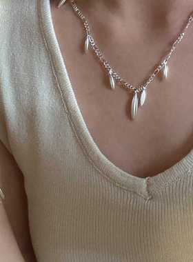 S925纯银韩版流苏哑光水滴项链女韩式风复古简约时髦锁骨链轻奢