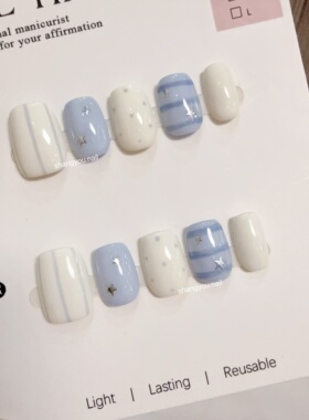 纯手工穿戴甲奶油蓝涂鸦成品甲片