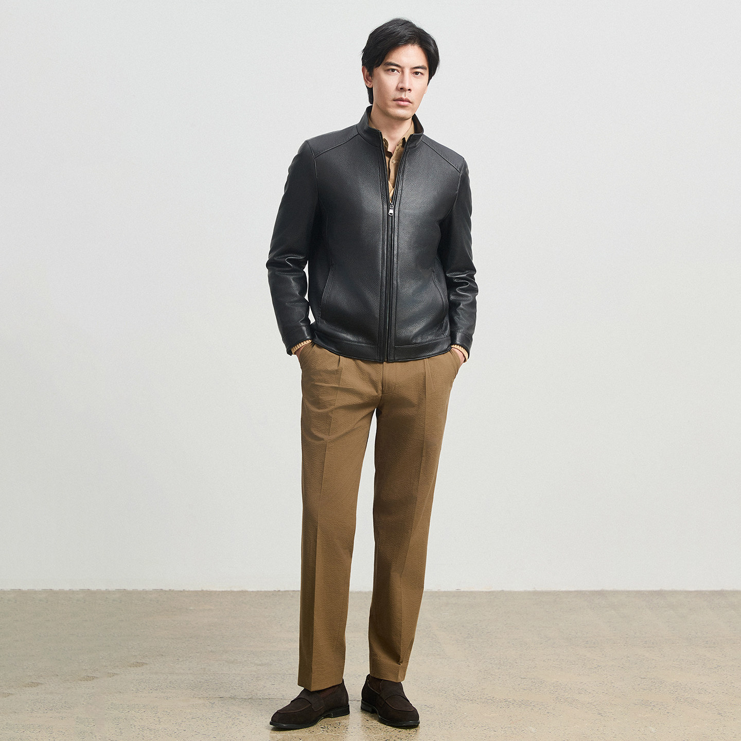 雪豹真皮男士头层鹿皮商务休闲简约时尚行政立领短款皮衣夹克外套,淘宝优惠券,粉丝福利购,淘宝优惠卷