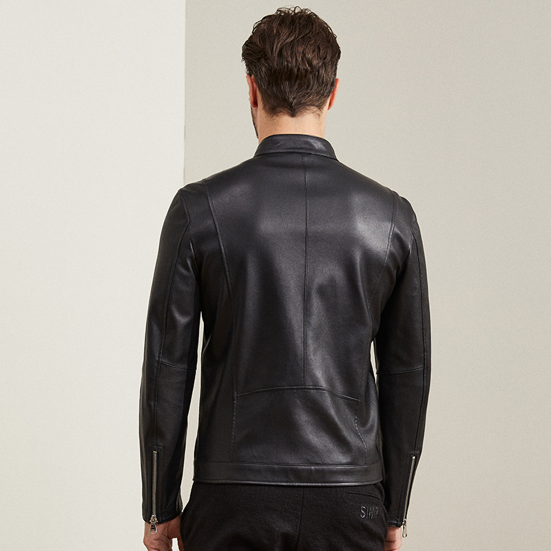 雪豹真皮皮衣男头层绵羊皮时尚潮流机车休闲弹力皮立领短夹克外套 - 图2