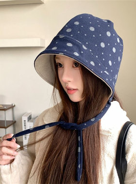 秋冬双面波点护耳保暖渔夫帽女