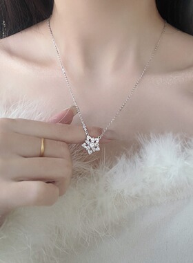 S925纯银花朵白莲花项链女镂空满钻轻奢小众高级锁骨链毛衣链礼物
