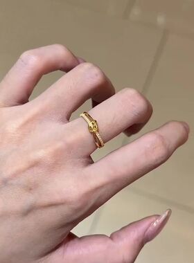 s925闪钻金色双环扭结戒指送礼物